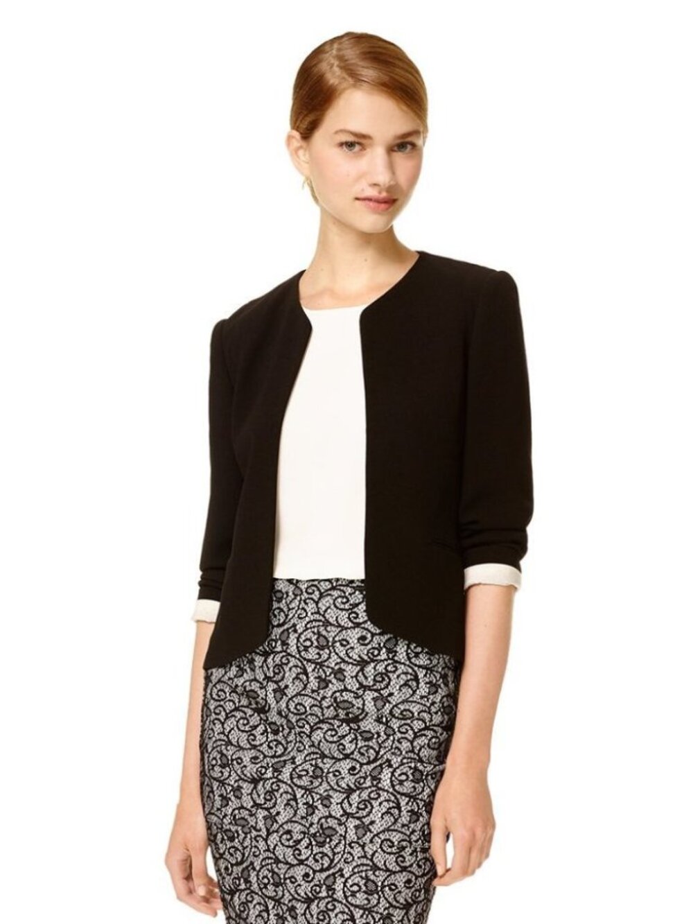 Aritzia Wilfred Exquis Black Open Front Blazer Geometric Print Lining Rare Sz 8